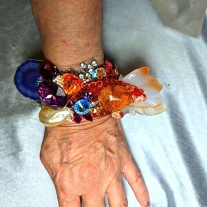 Wendy Gell Magnificent Wristy,Amber, Carved Leaves, Swarovski and Pearls.